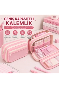 Çok Bölmeli Geniş Kapasiteli Basic Kalemlik Kalem Kutu - Pembe
